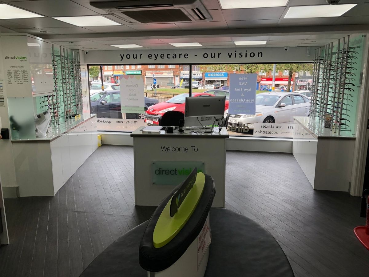 Direct Vision Opticians inside Pan Pharmacy Sheldon Birmingham — free parking directly outside on Church Road